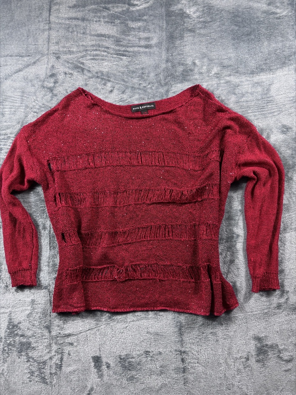 Rock & Republic Textured Deep Red Distressed Ladder Knit Sweater Women S/M Holid